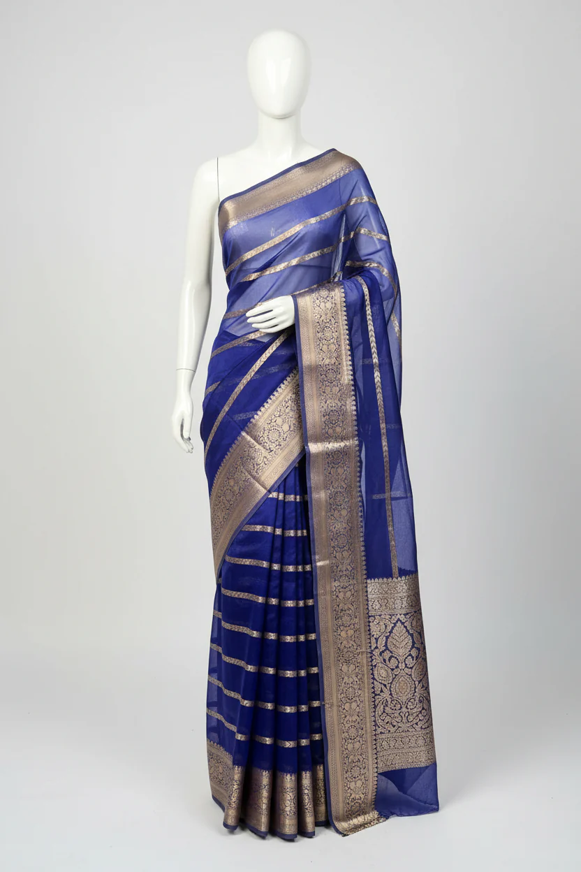 Light Navy Kora Organza Traditional Banarasi Saree - Image 3