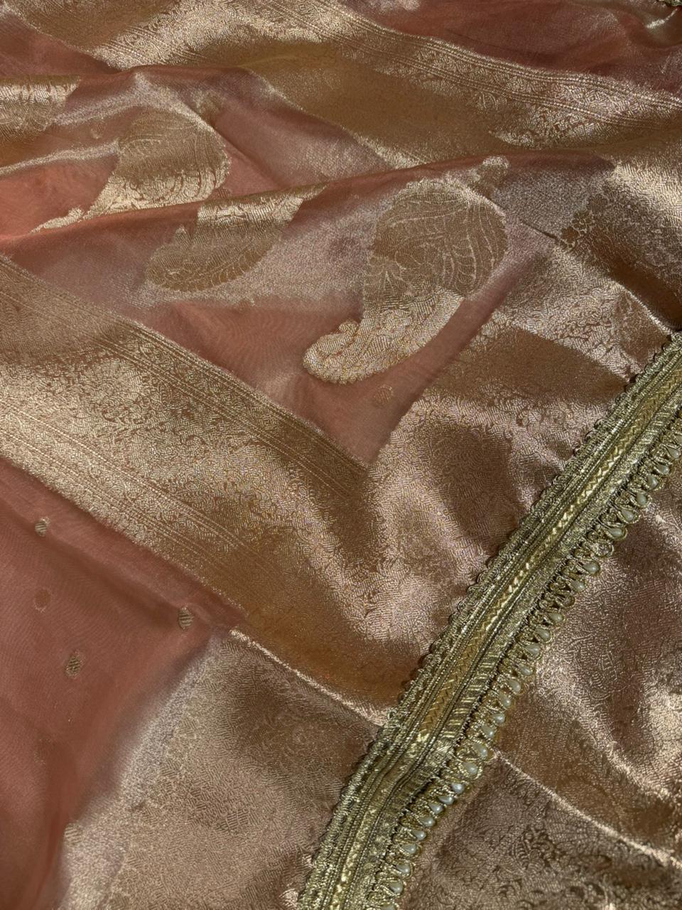 Light peach Eccentric Tissue silk Banarasi saree with Designer lace Work - Image 2