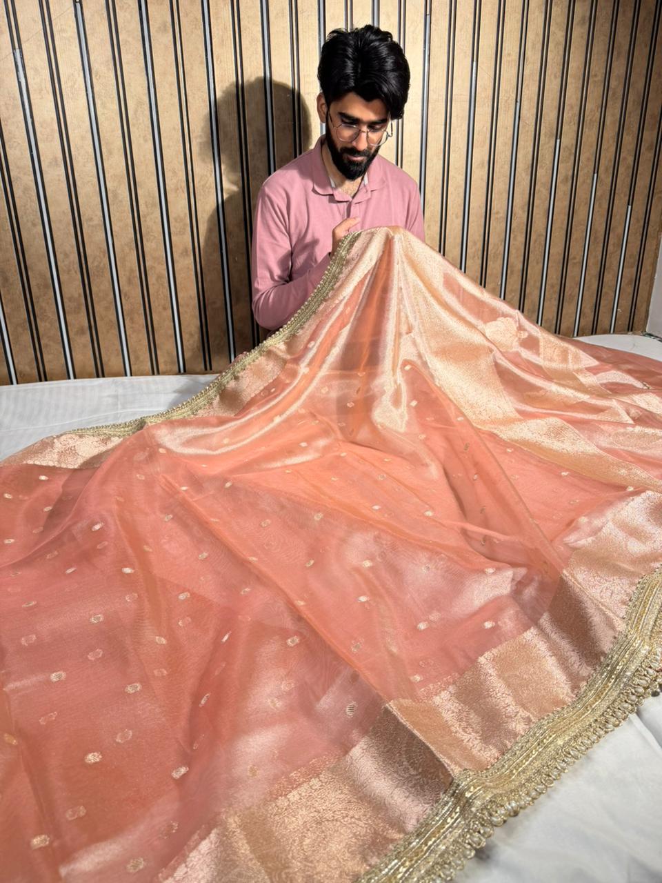 Light peach Eccentric Tissue silk Banarasi saree with Designer lace Work - Image 3