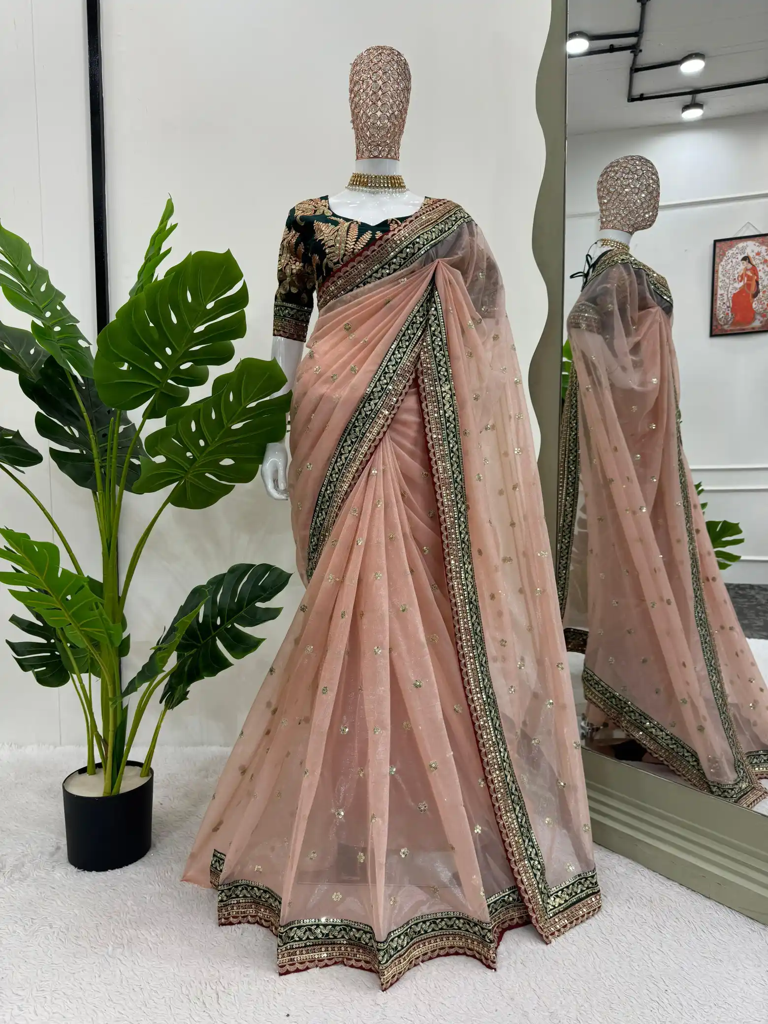 Light Peach Shade Shimmery Tissue Silk Designer Saree - Image 2