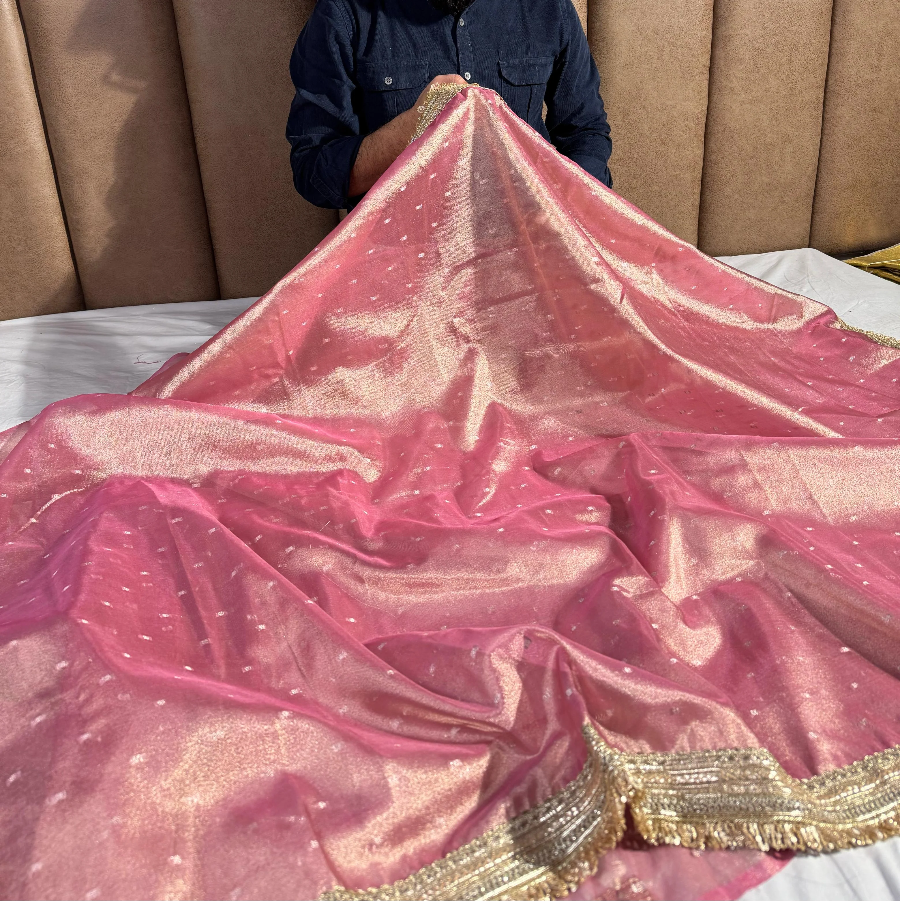 Light Pink Shade Tissue Silk Saree with Heavy Lace - Image 2