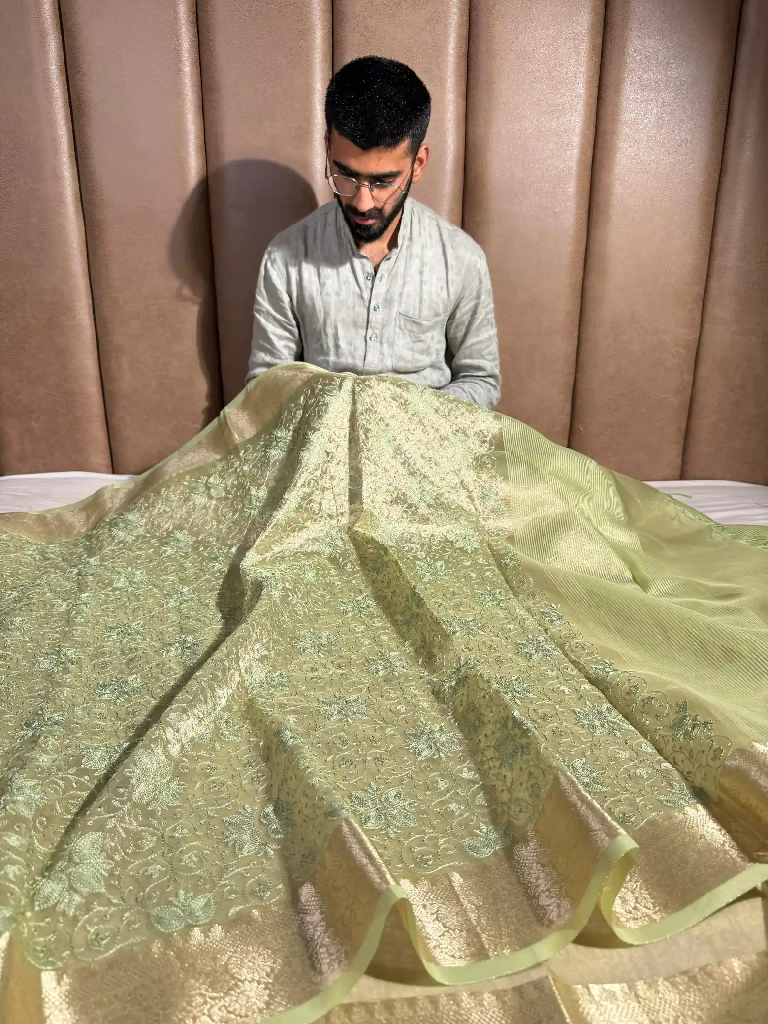 Light Pista Soft Tissue Silk Chikankari Embossed Banarasi Saree