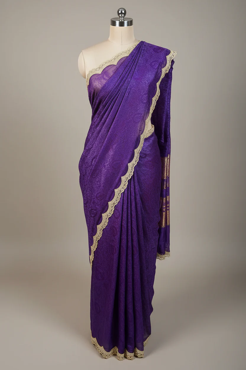 Light Purple Pure Mul Chanderi Silk Chikankari Embroidery Pearl Moti Lace Work Banarasi Saree