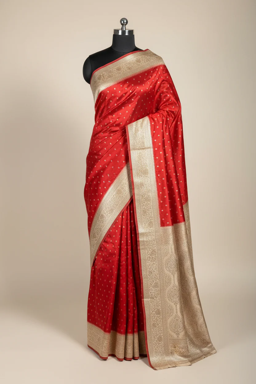 Maroon-Beige Mashru Katan Silk Zari Buti Weave Banarasi Saree - Image 2