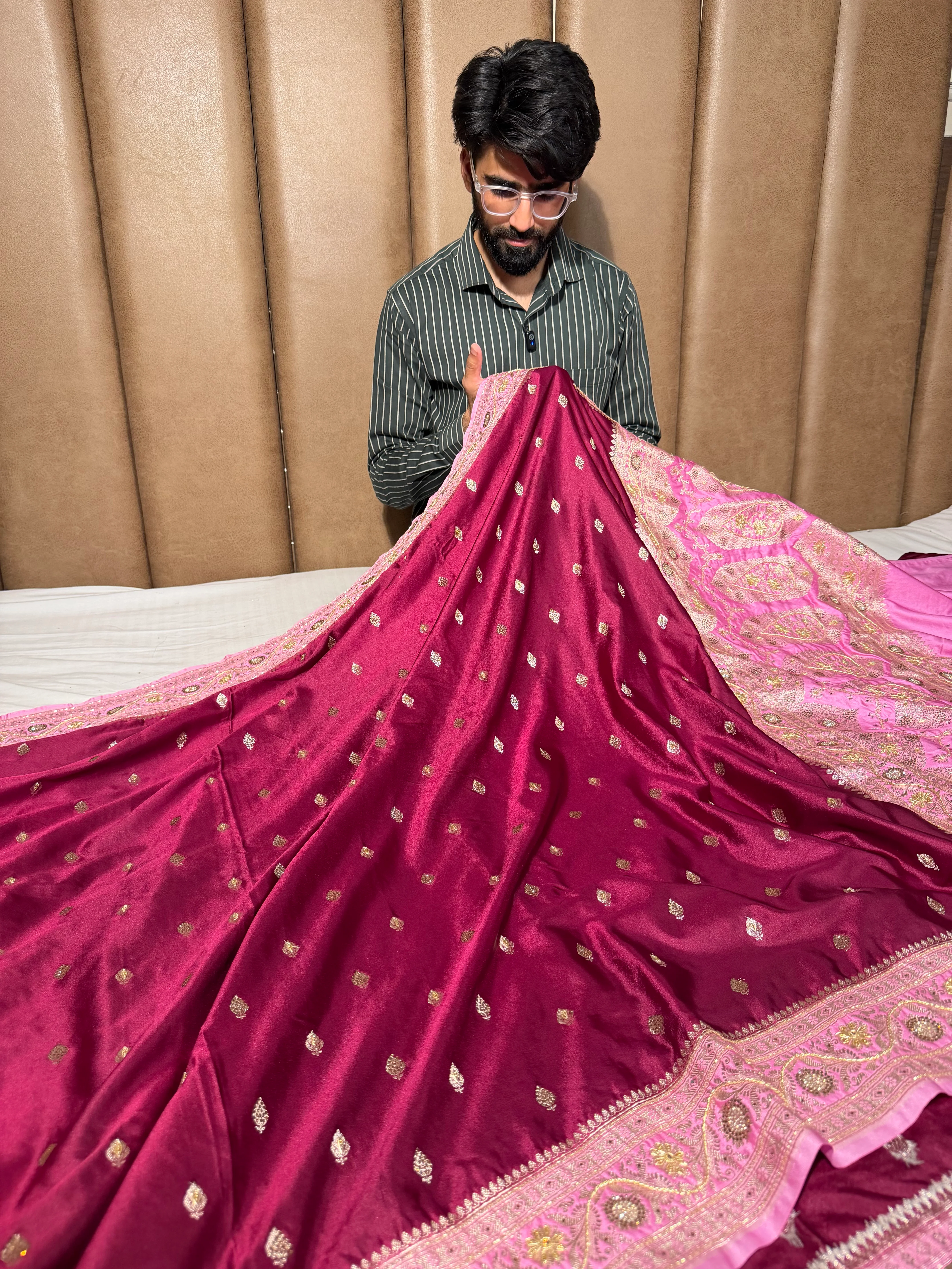 Maroon Pink Mashru Katan Premium Handwork Saree - Image 3