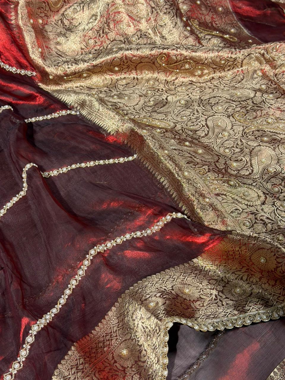 Maroon Pure Tissue Silk Pearl Handwork Saree - Image 2