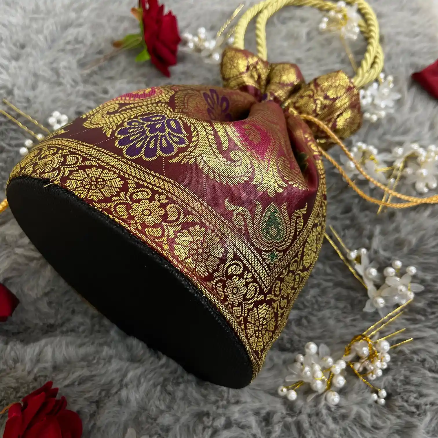 Maroon Shade Banarasi Potli Bags - Image 3