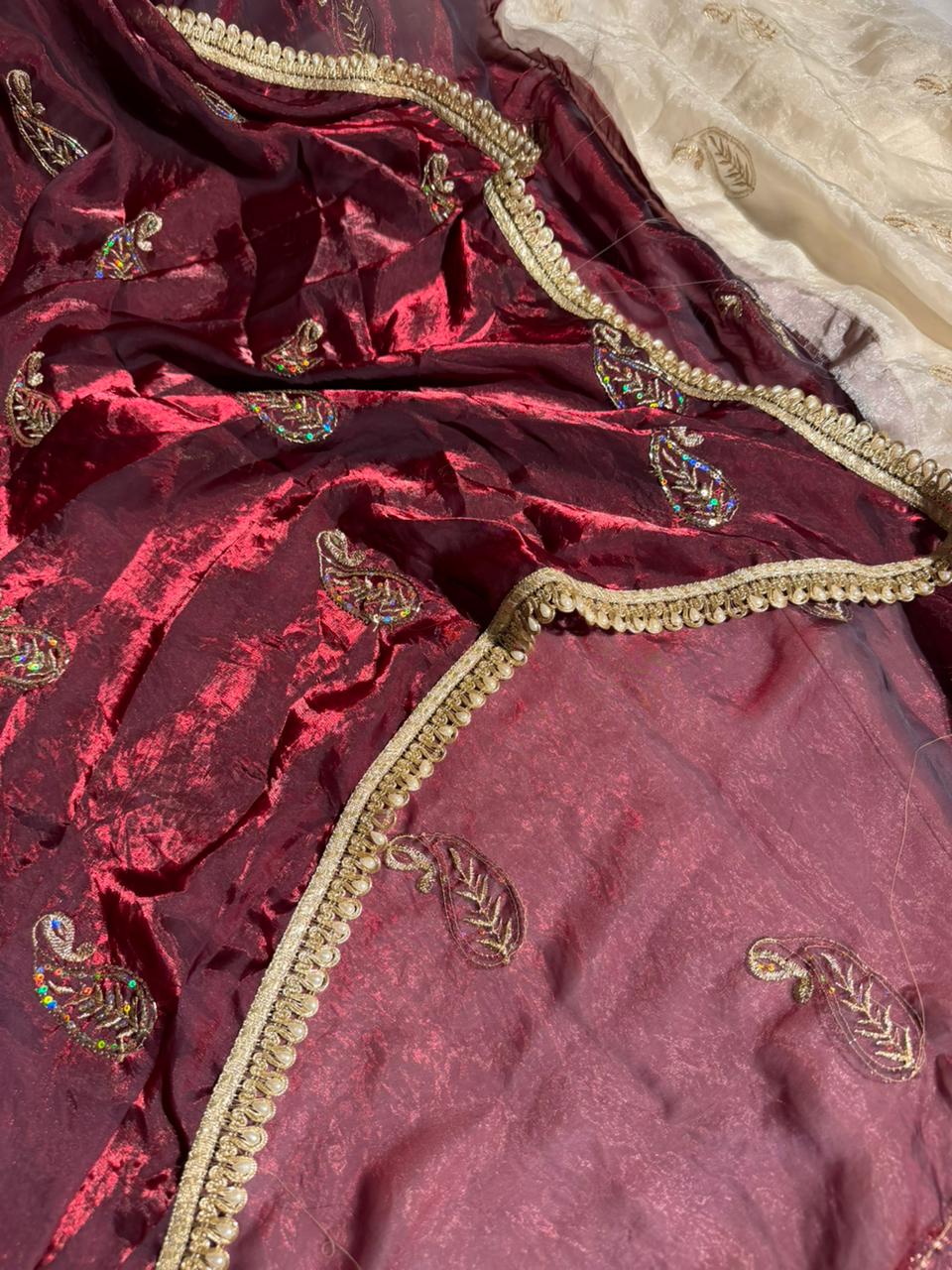 Maroon Shade Shimmery Tissue Silk Handwork Saree - Image 2