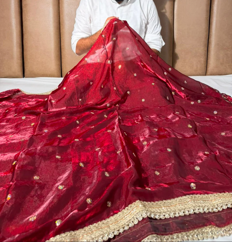 Maroon Shimmery Tissue Silk Embroidered Lace Work Saree