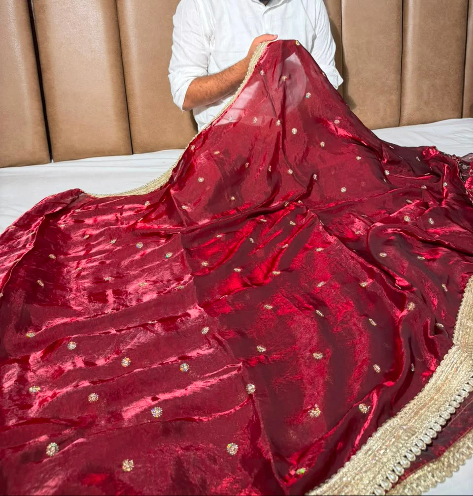 Maroon Shimmery Tissue Silk Embroidered Lace Work Saree - Image 3