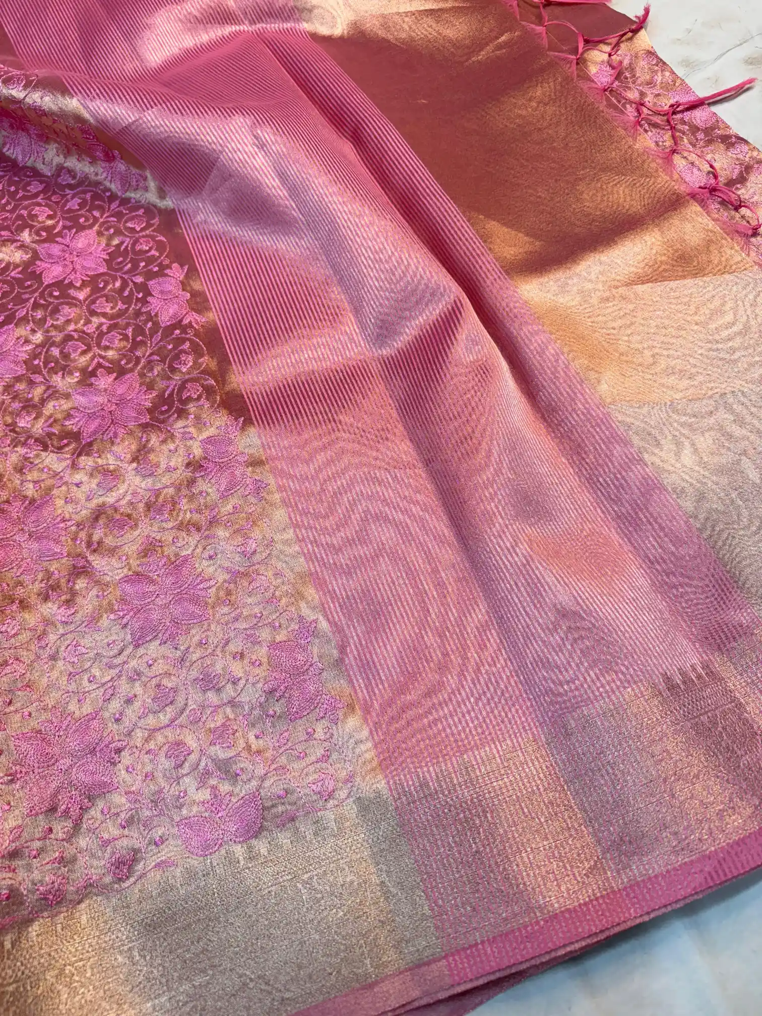 Metallic Pink Banarasi Tissue Silk Chikankari Work Saree - Image 4