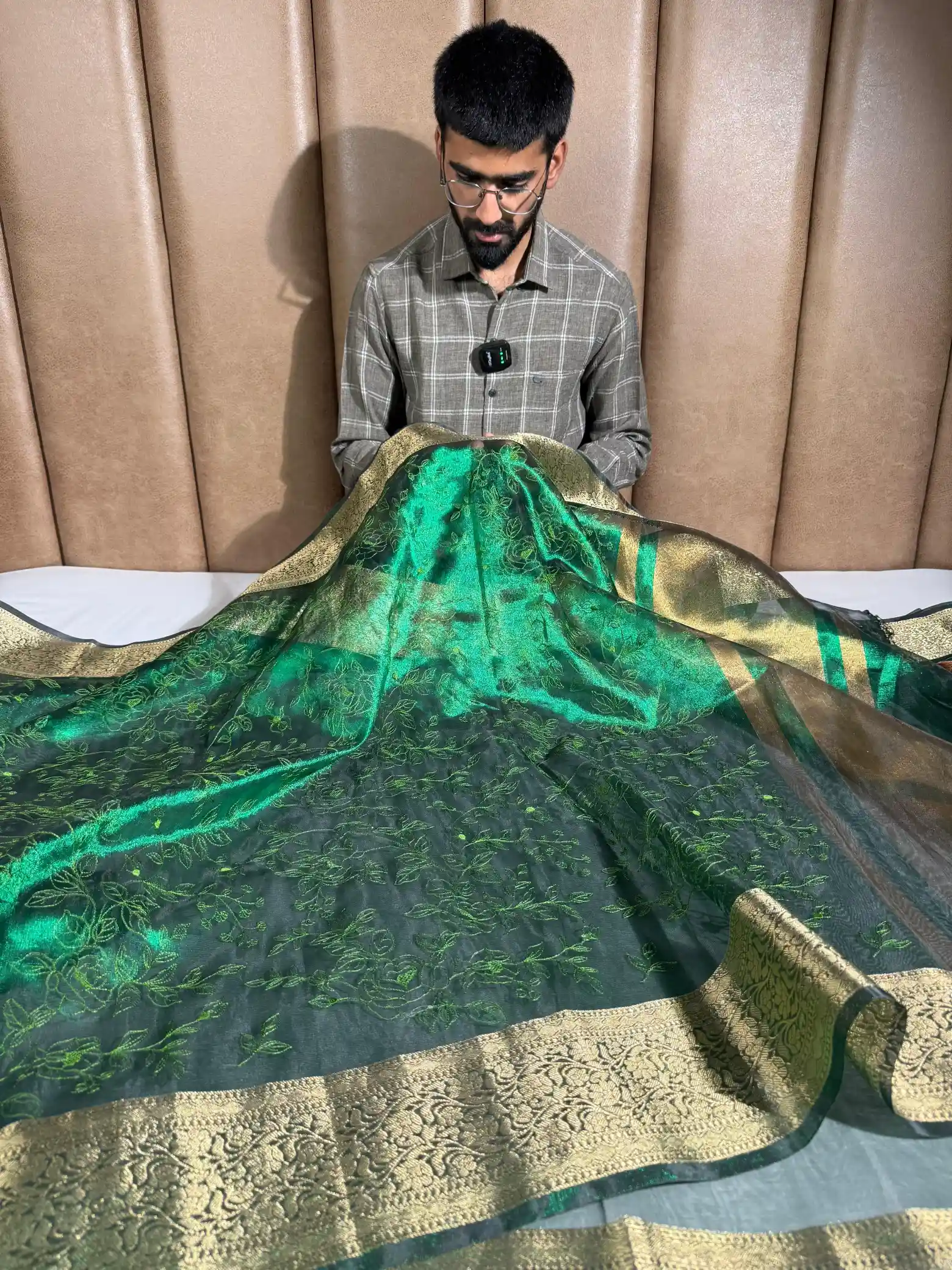 Metallic Green Chikankari Embroidered Tissue Silk Banarasi Saree