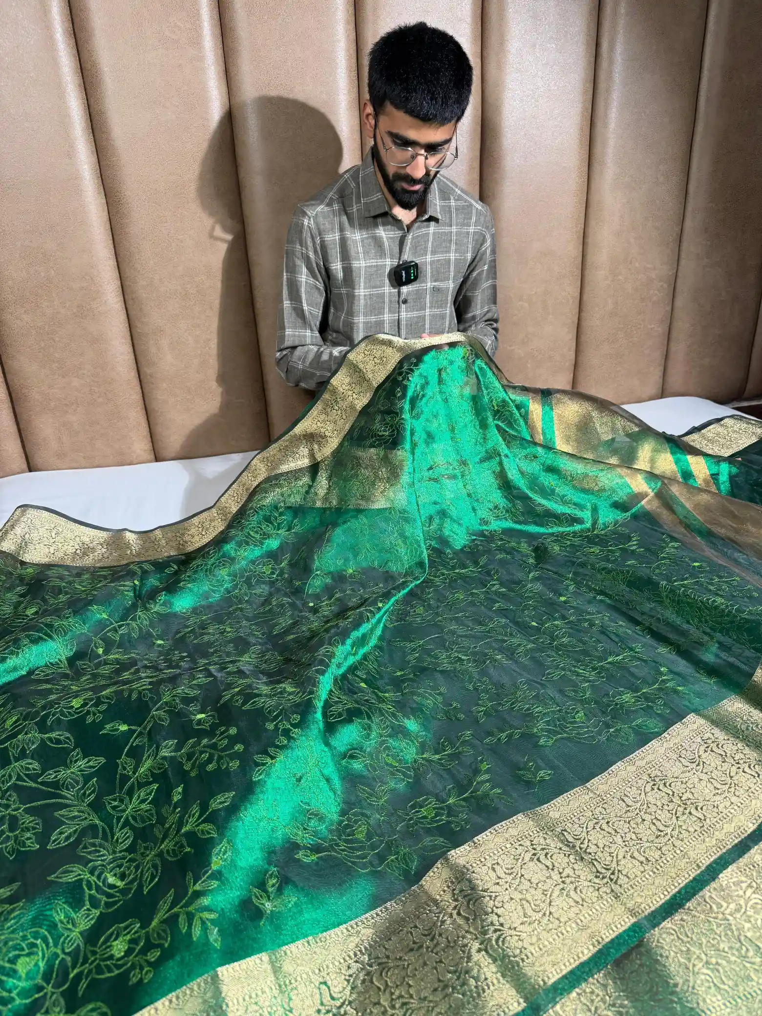 Metallic Green Chikankari Embroidered Tissue Silk Banarasi Saree - Image 3