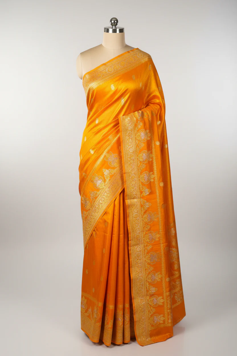 Metallic Orange Breathable Soft Tissue Banarasi Saree - Image 2