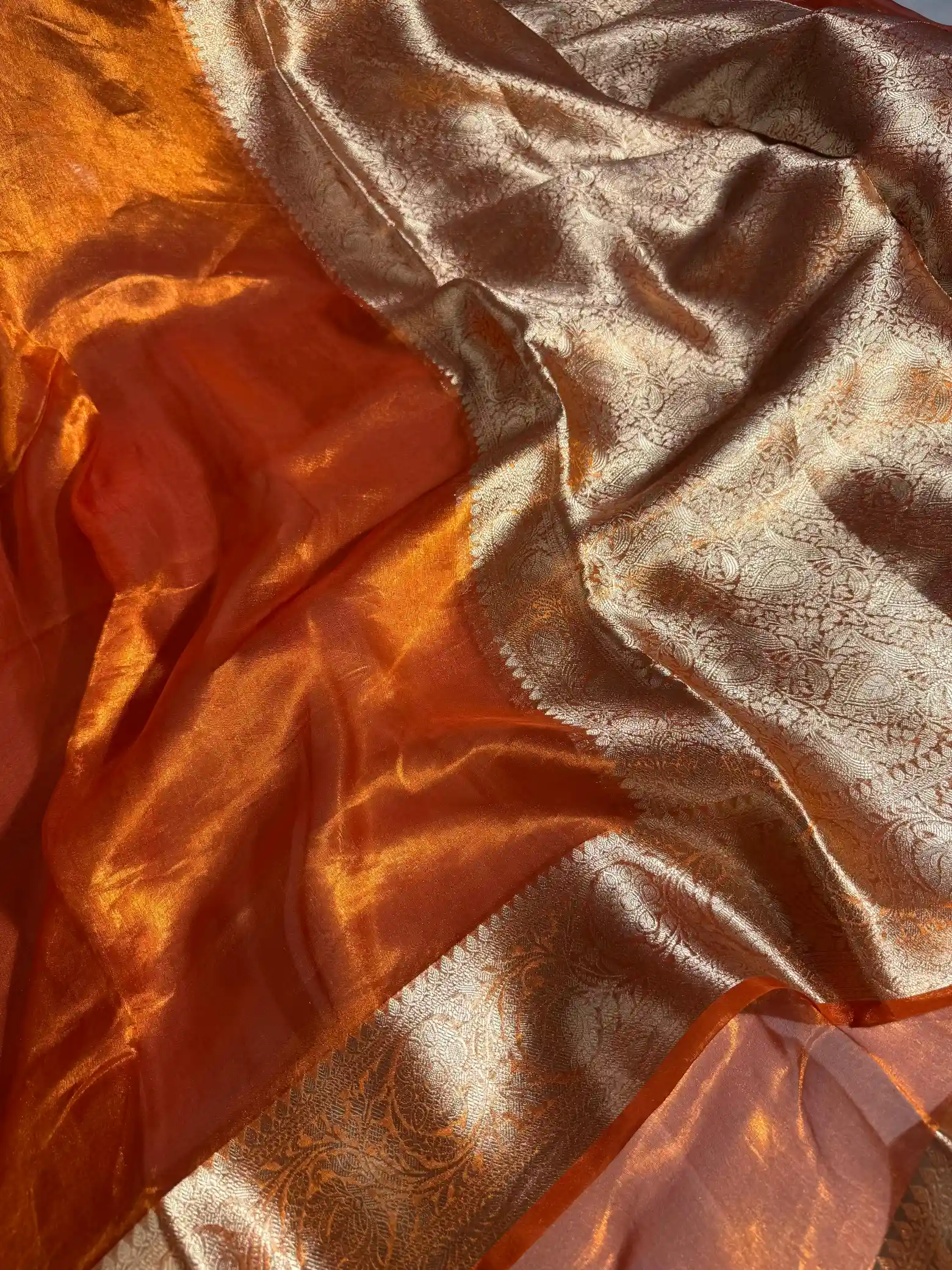 Metallic Orange Pure Tissue Silk Banarasi Saree - Image 3