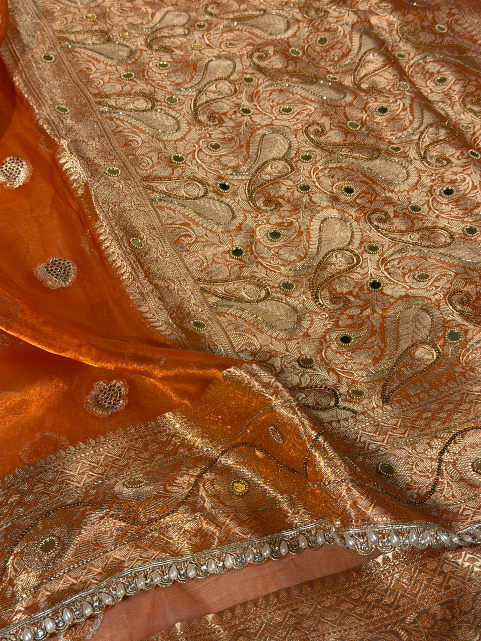 Metallic Orange Pure Tissue Silk Handwork Banarasi Saree - Image 2