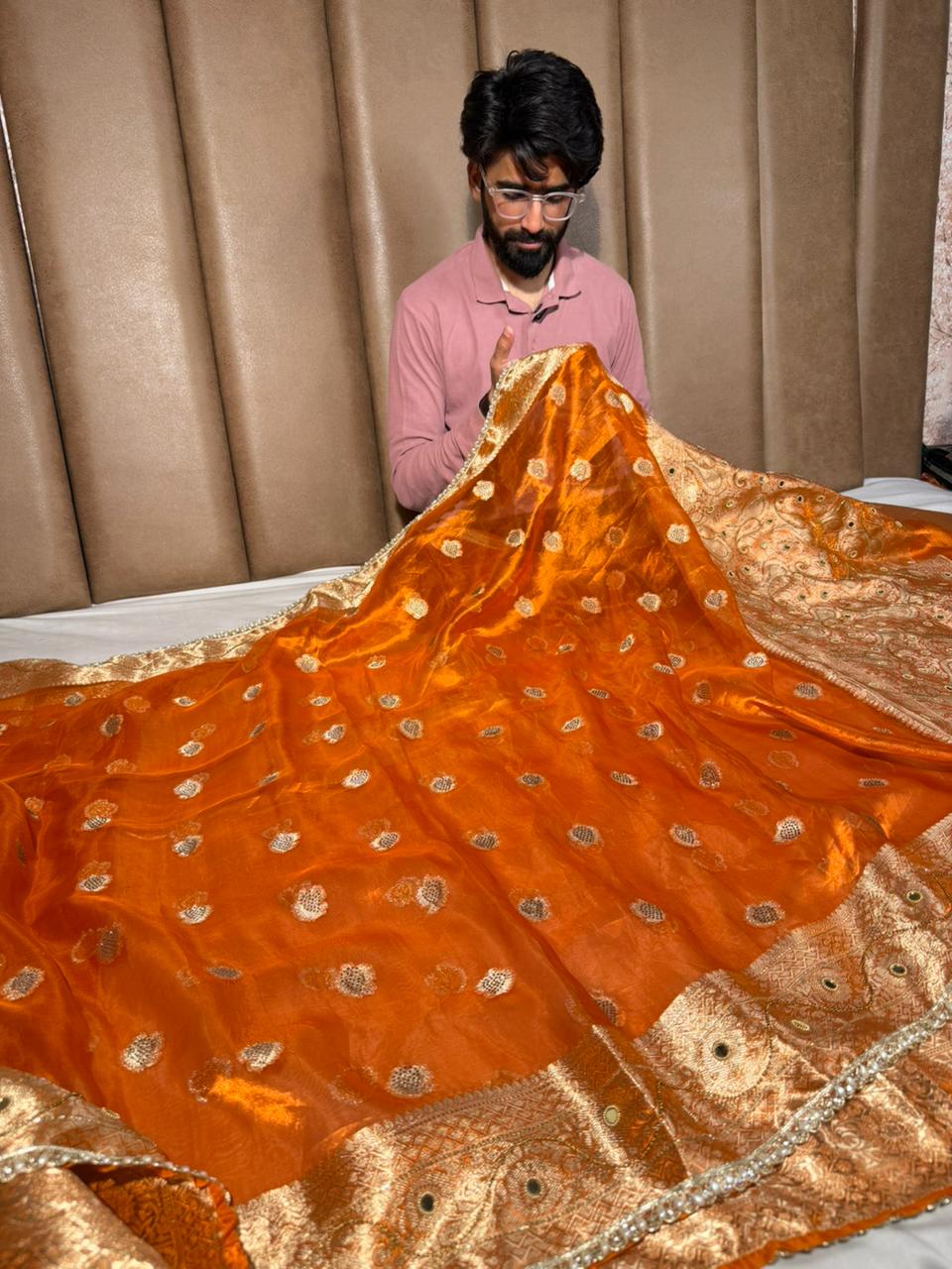 Metallic Orange Pure Tissue Silk Handwork Banarasi Saree - Image 3