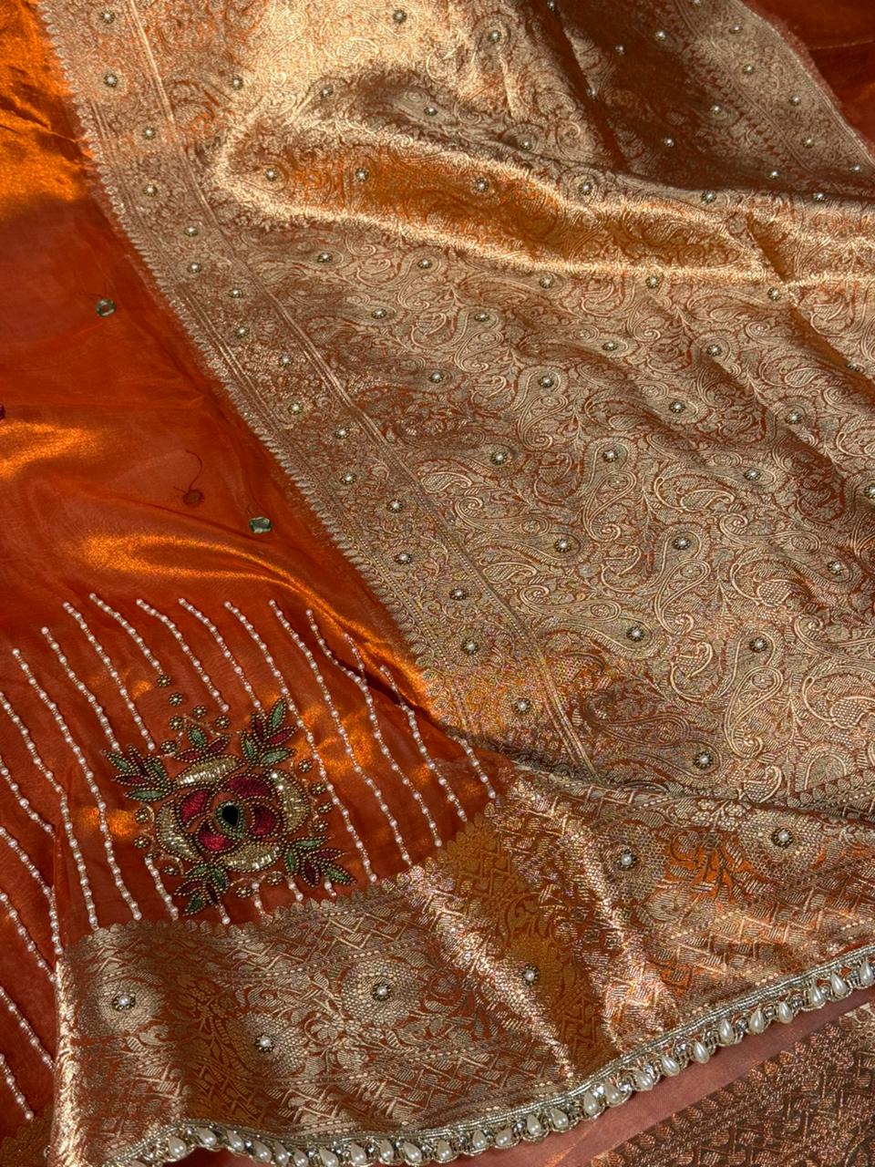 Metallic Orange Pure Tissue Silk Handwork Designer Saree - Image 2