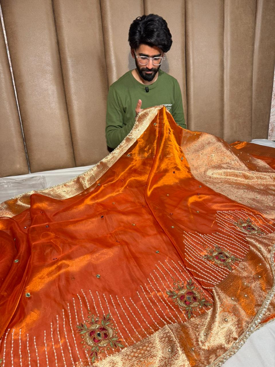 Metallic Orange Pure Tissue Silk Handwork Designer Saree - Image 3
