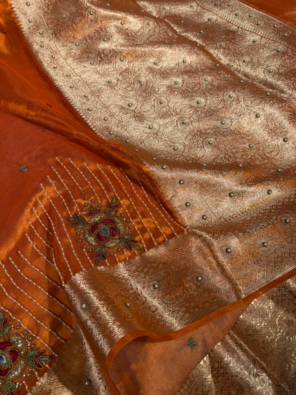 Metallic Orange Pure Tissue Silk Handwork Saree - Image 2