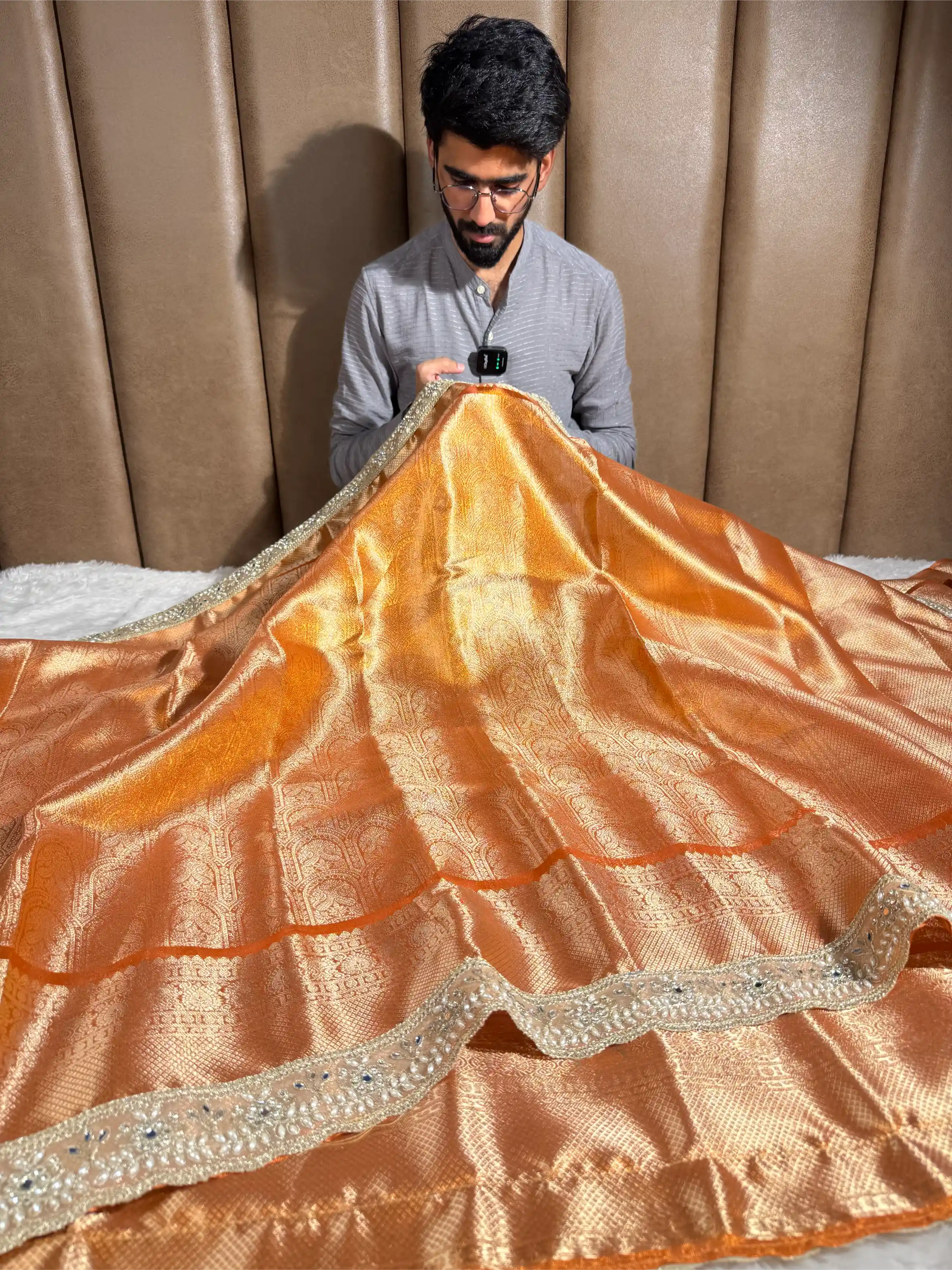 Metallic Orange Tissue Kanjivaram Brocade Heavy Gota Lace Attached Banarasi Saree