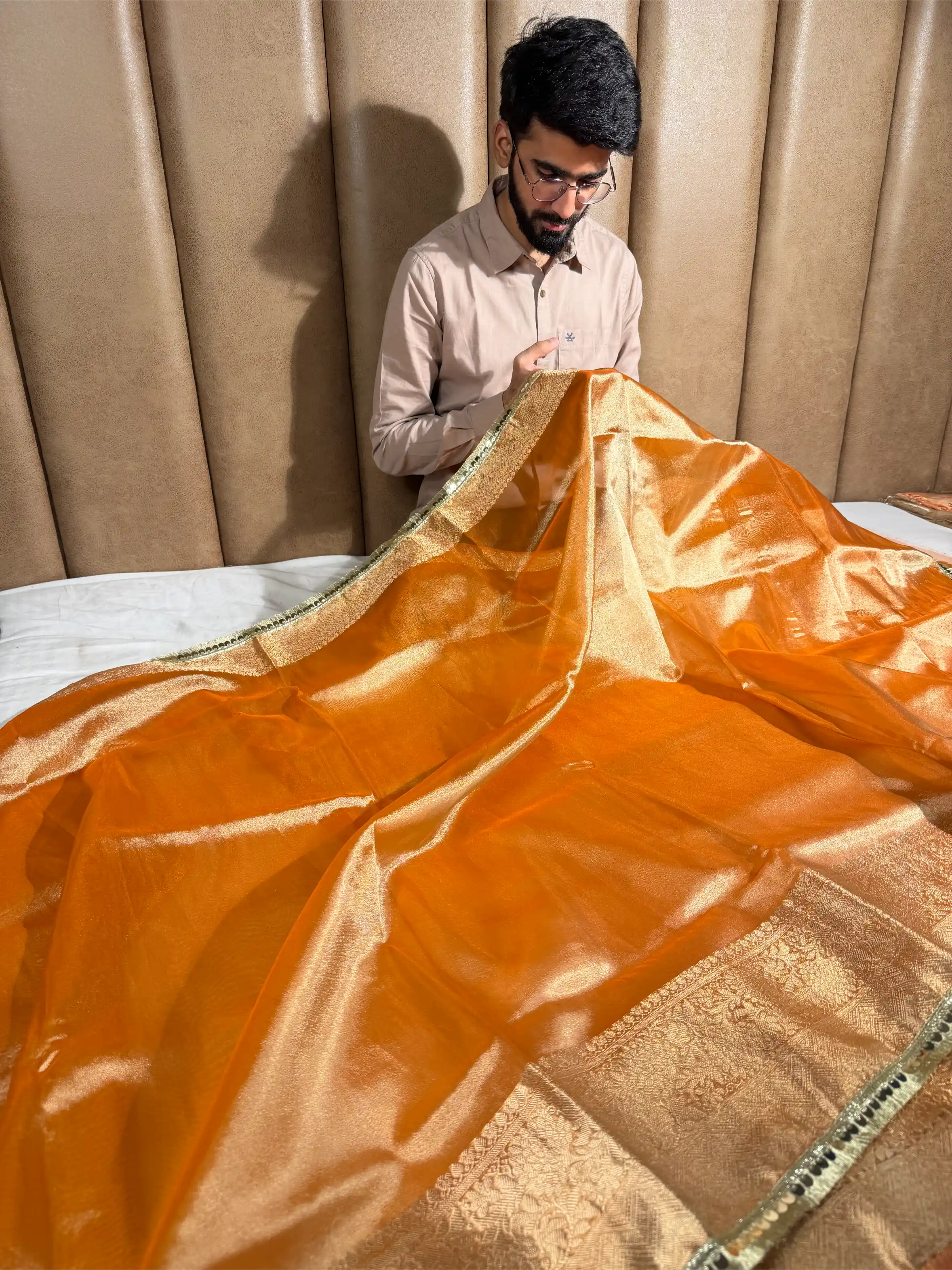 Metallic Orange Tissue Silk Designer Lace Attached Banarasi Saree - Image 3
