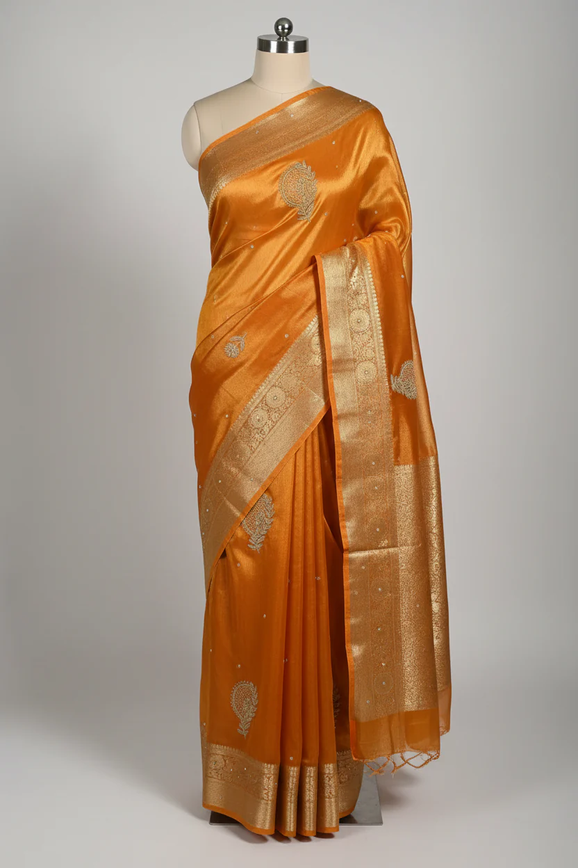Metallic Orange Tissue Silk Premium Handwork Banarasi Saree - Image 2