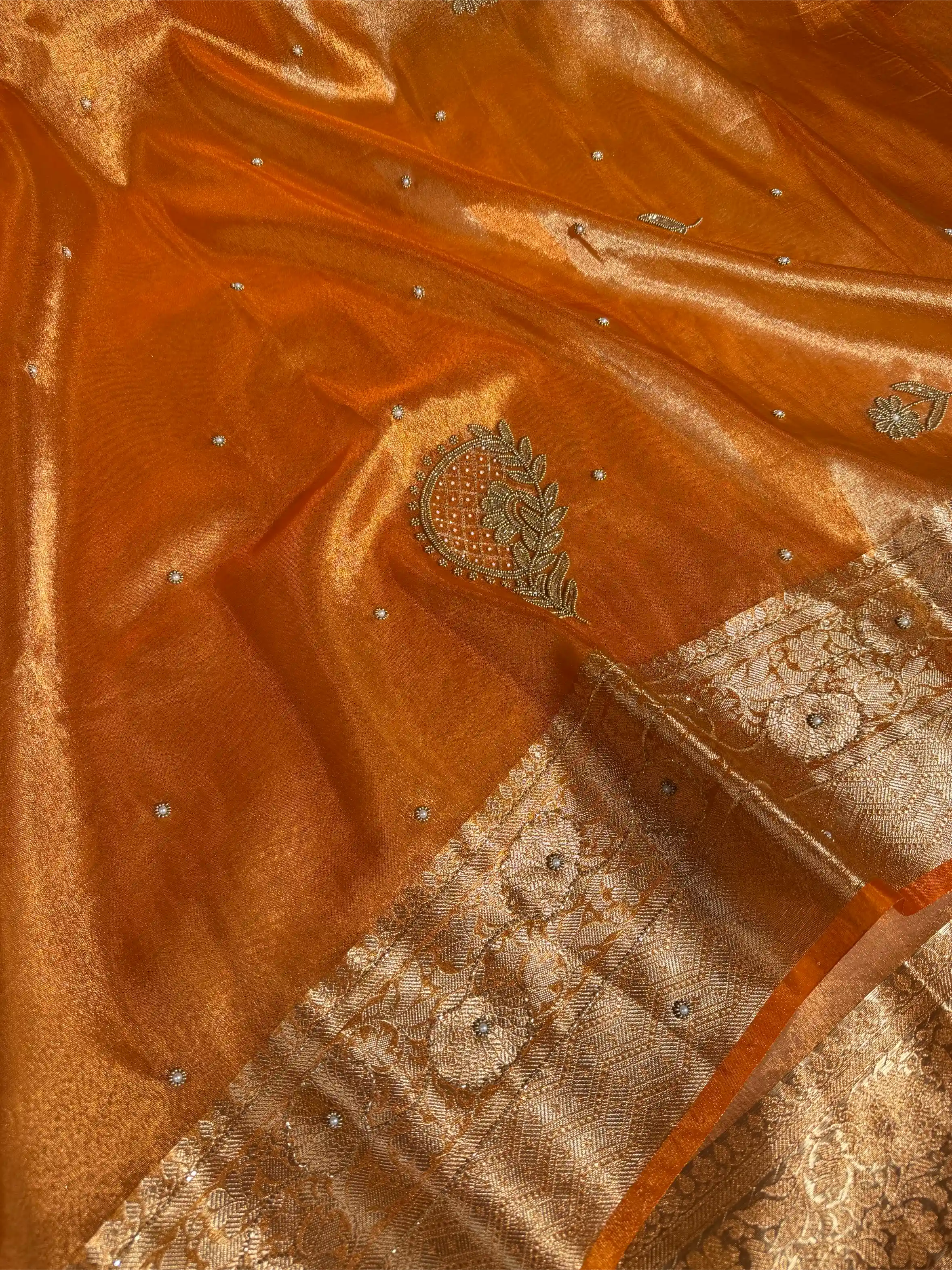 Metallic Orange Tissue Silk Premium Handwork Banarasi Saree - Image 3