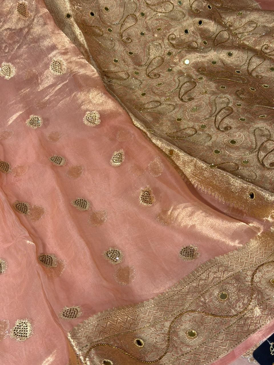 Metallic Peach Pure Tissue Silk Handwork saree - Image 2
