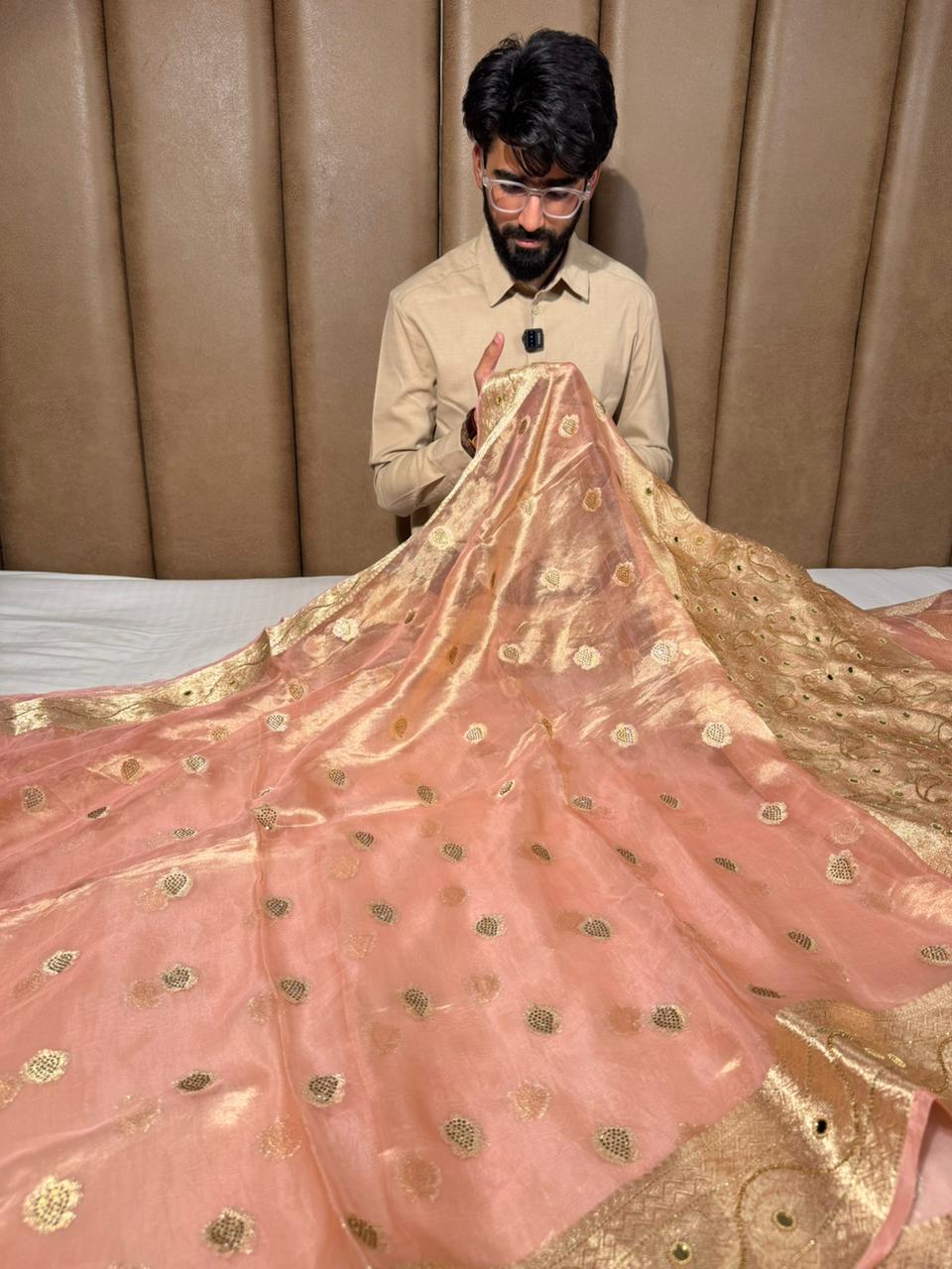 Metallic Peach Pure Tissue Silk Handwork saree - Image 3