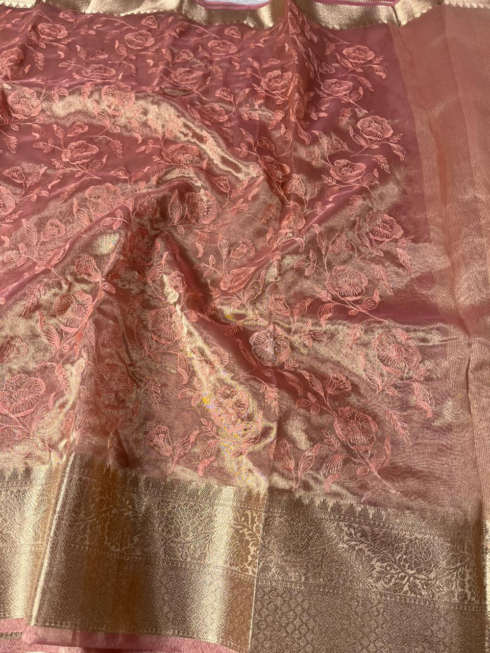 Metallic Pink Banarasi Tissue Silk Chikankari Banarasi Saree - Image 2