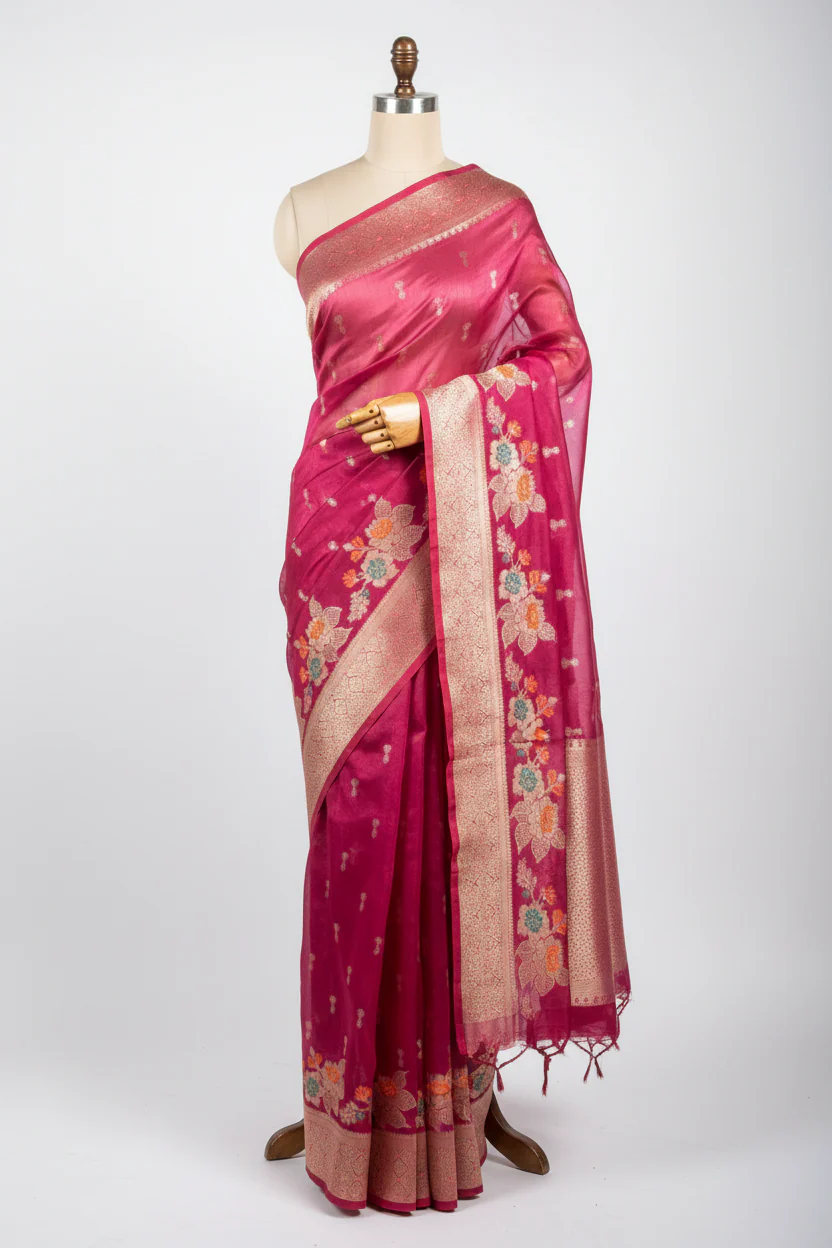 Metallic Rani Soft Tissue Silk Meenakari Banarasi Saree - Image 2