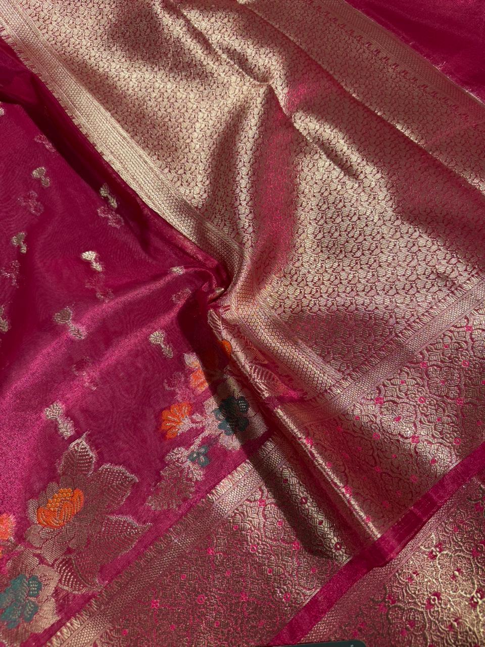 Metallic Rani Soft Tissue Silk Meenakari Banarasi Saree - Image 3