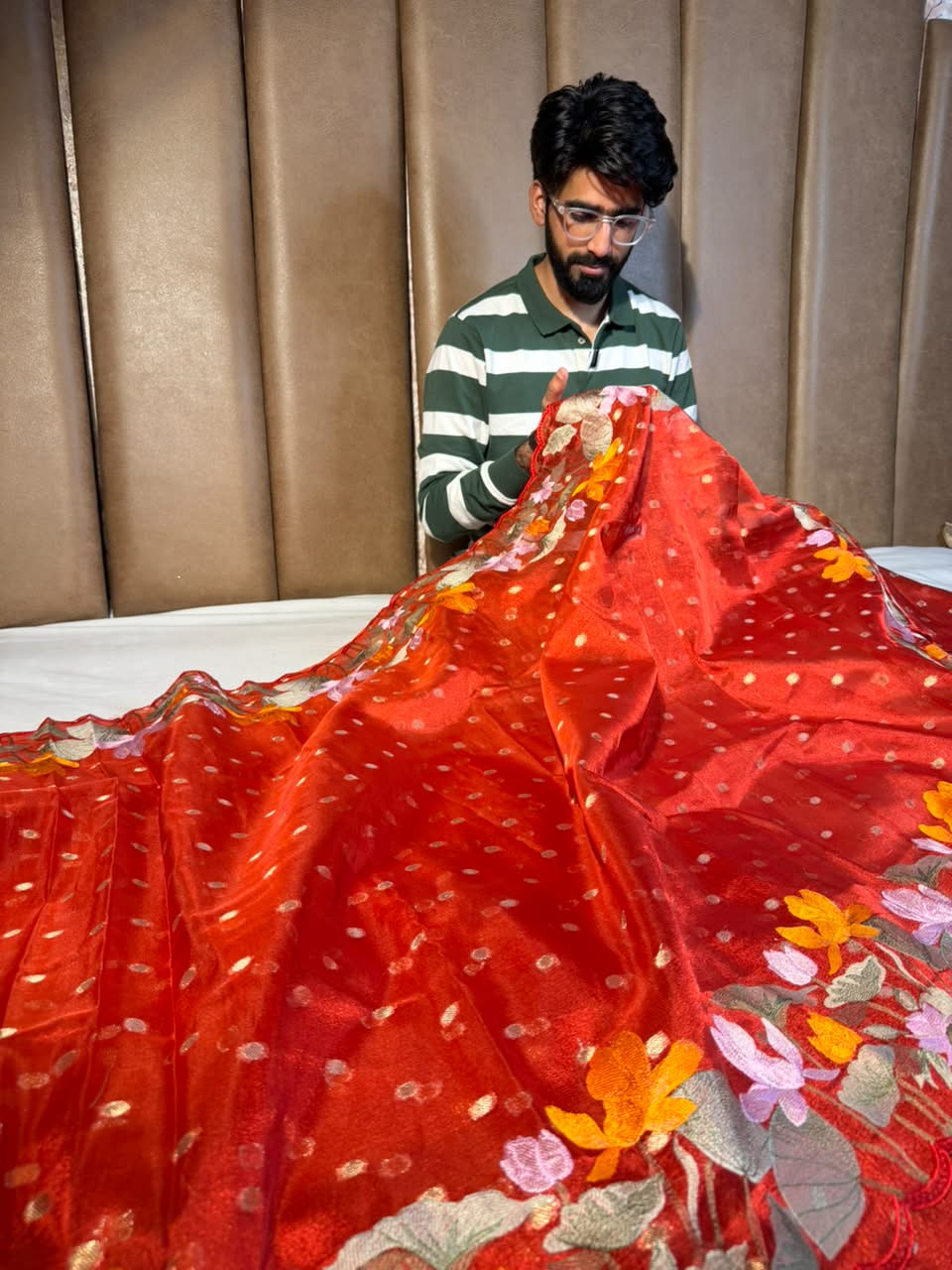 Metallic Red Kora Tissue Crochet Embroided Saree - Image 3