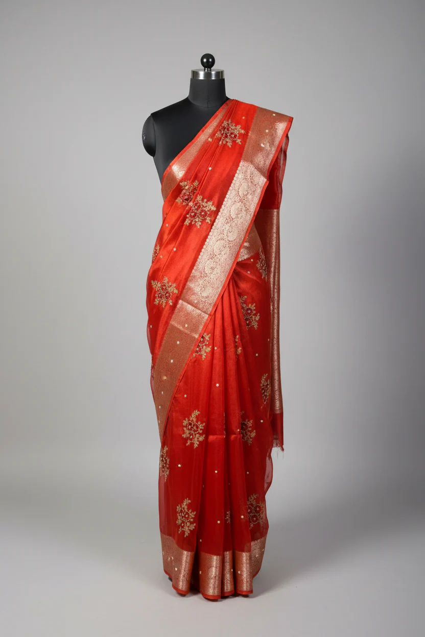 Metallic Red Kora Tissue Silk Premium Handwork Saree - Image 2