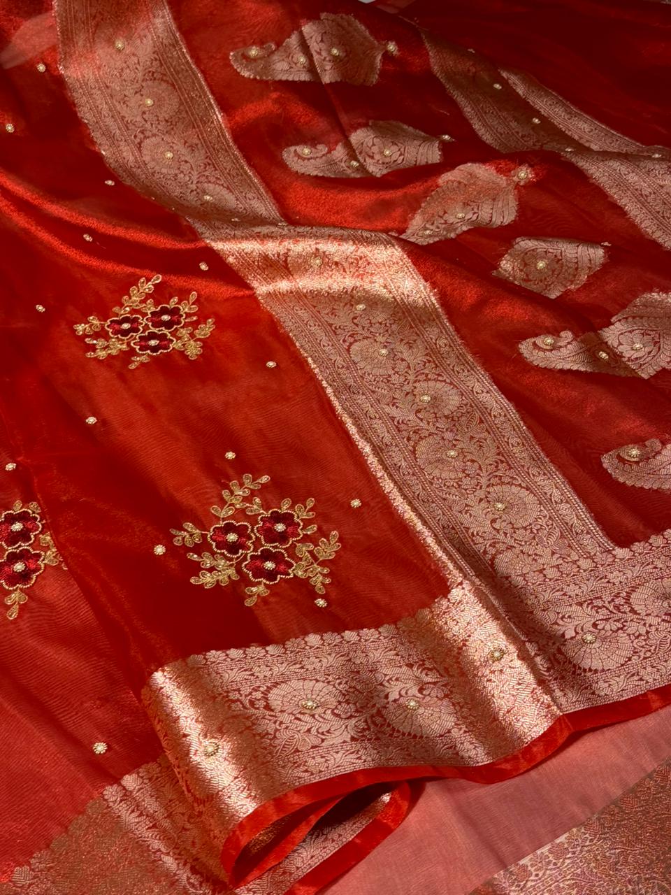 Metallic Red Kora Tissue Silk Premium Handwork Saree - Image 3