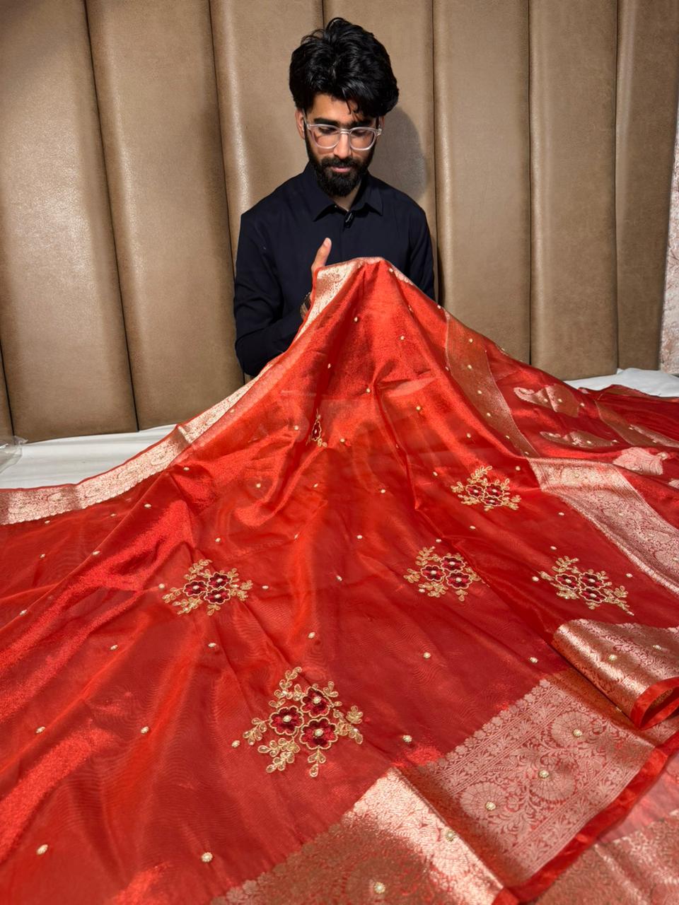 Metallic Red Kora Tissue Silk Premium Handwork Saree - Image 4