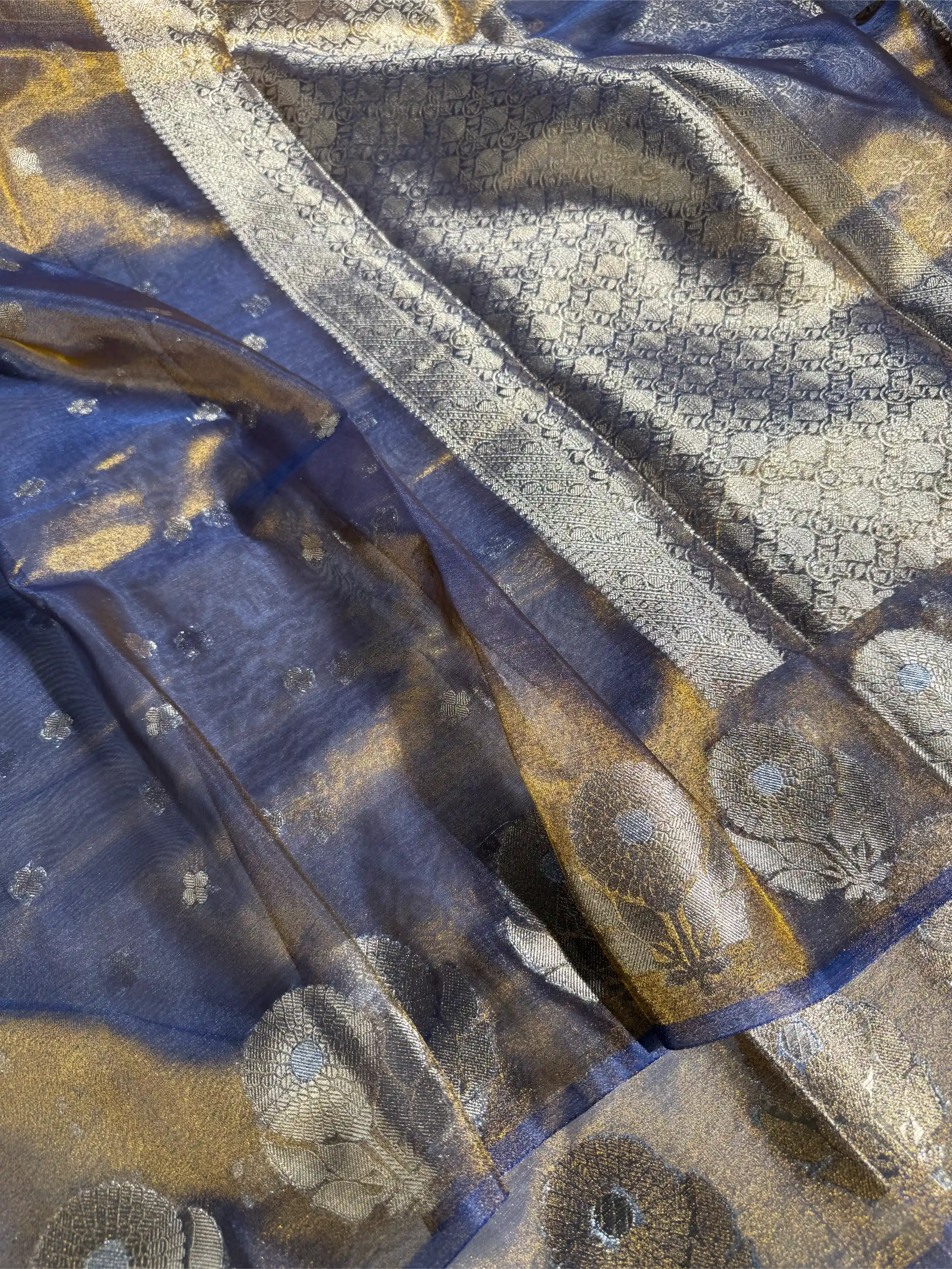 Metallic Royal Blue Eccentric Soft Tissue Silk Banarasi Saree - Image 2