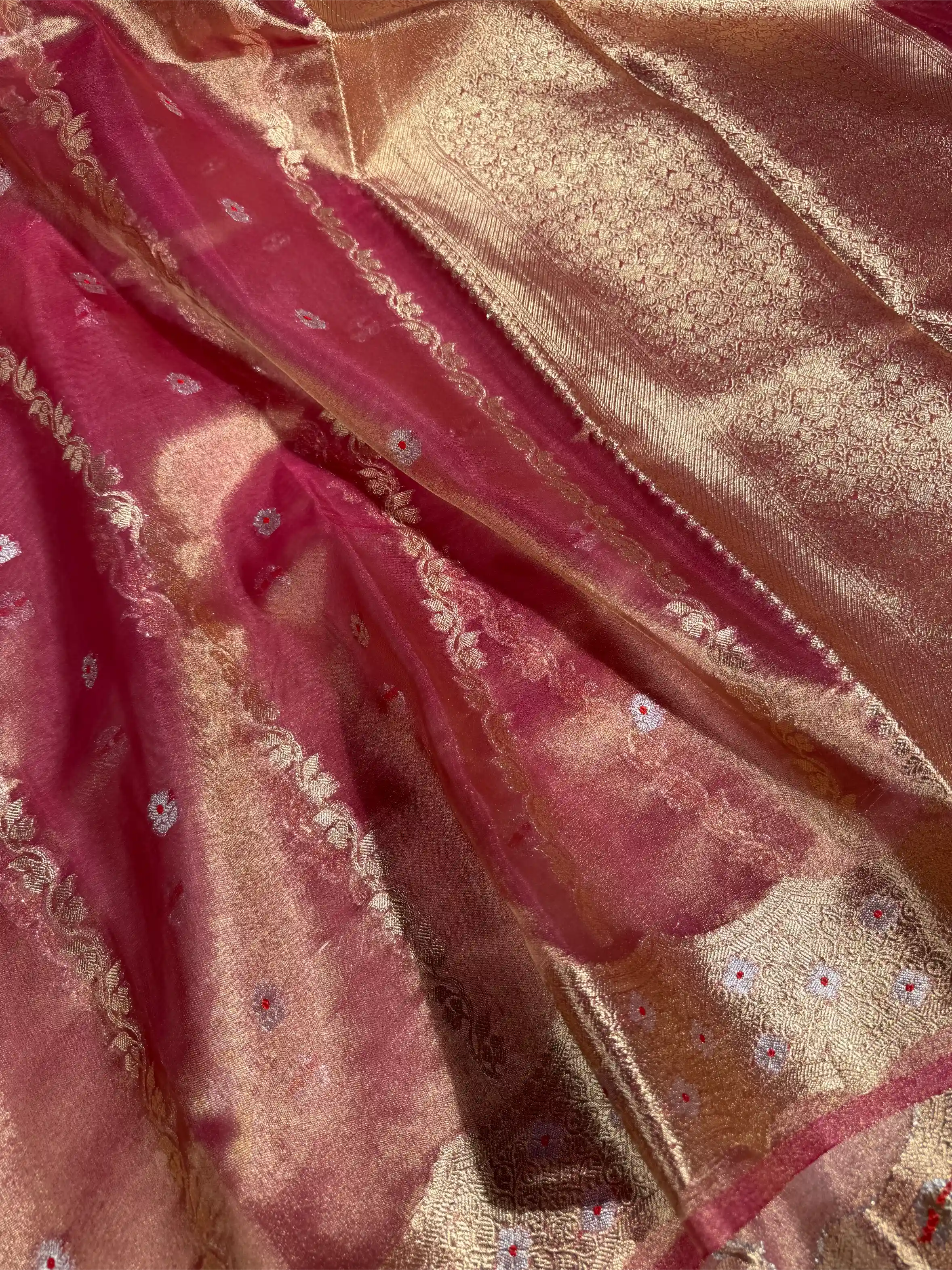 Metallic Rusted Pink Kora Tissue Silk Meenakari Traditional Weave Banarasi Saree - Image 3