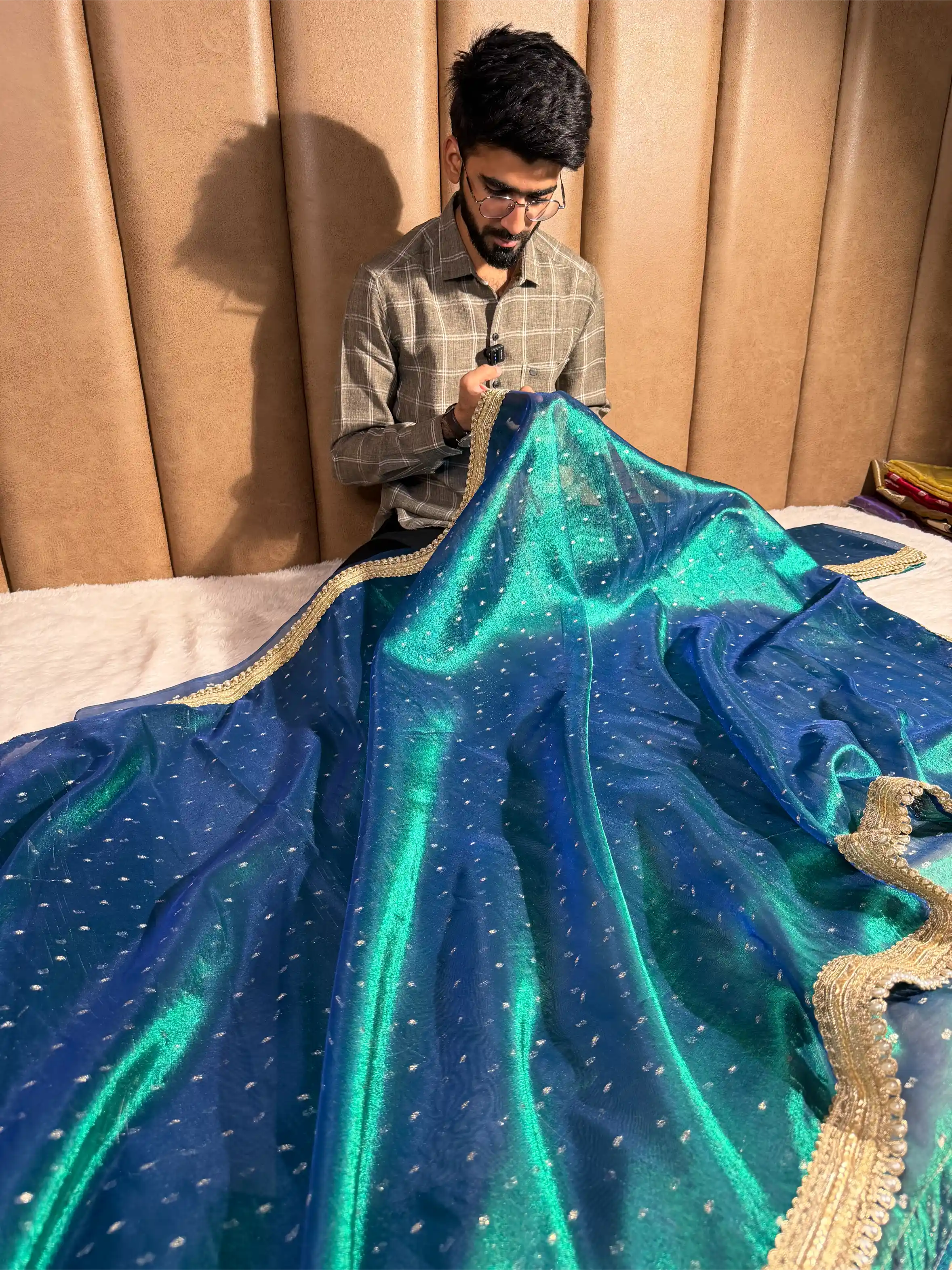 Metallic Sapphire Peacock Soft Tissue Designer Banarasi Saree - Image 3