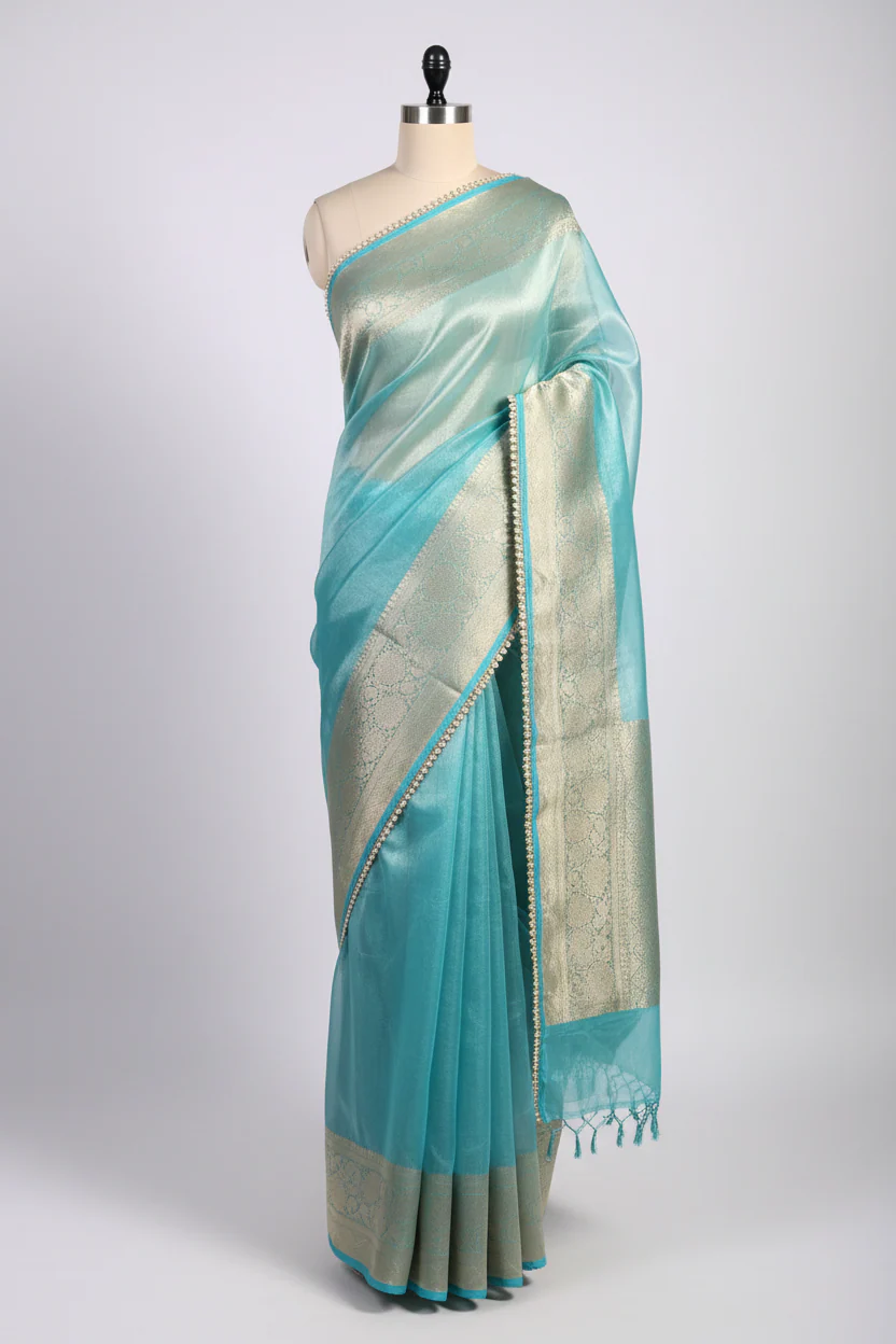 Metallic Sea Green Tissue Silk Lace Work Banarasi Saree - Image 2