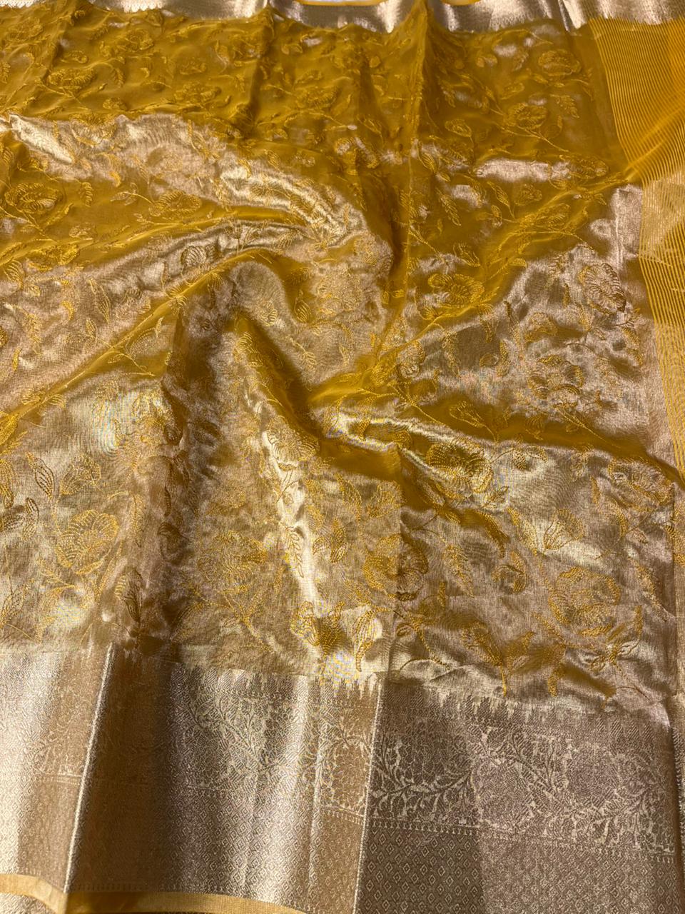 Metallic Yellow Banarasi Tissue Silk Chikankari Banarasi Saree - Image 2