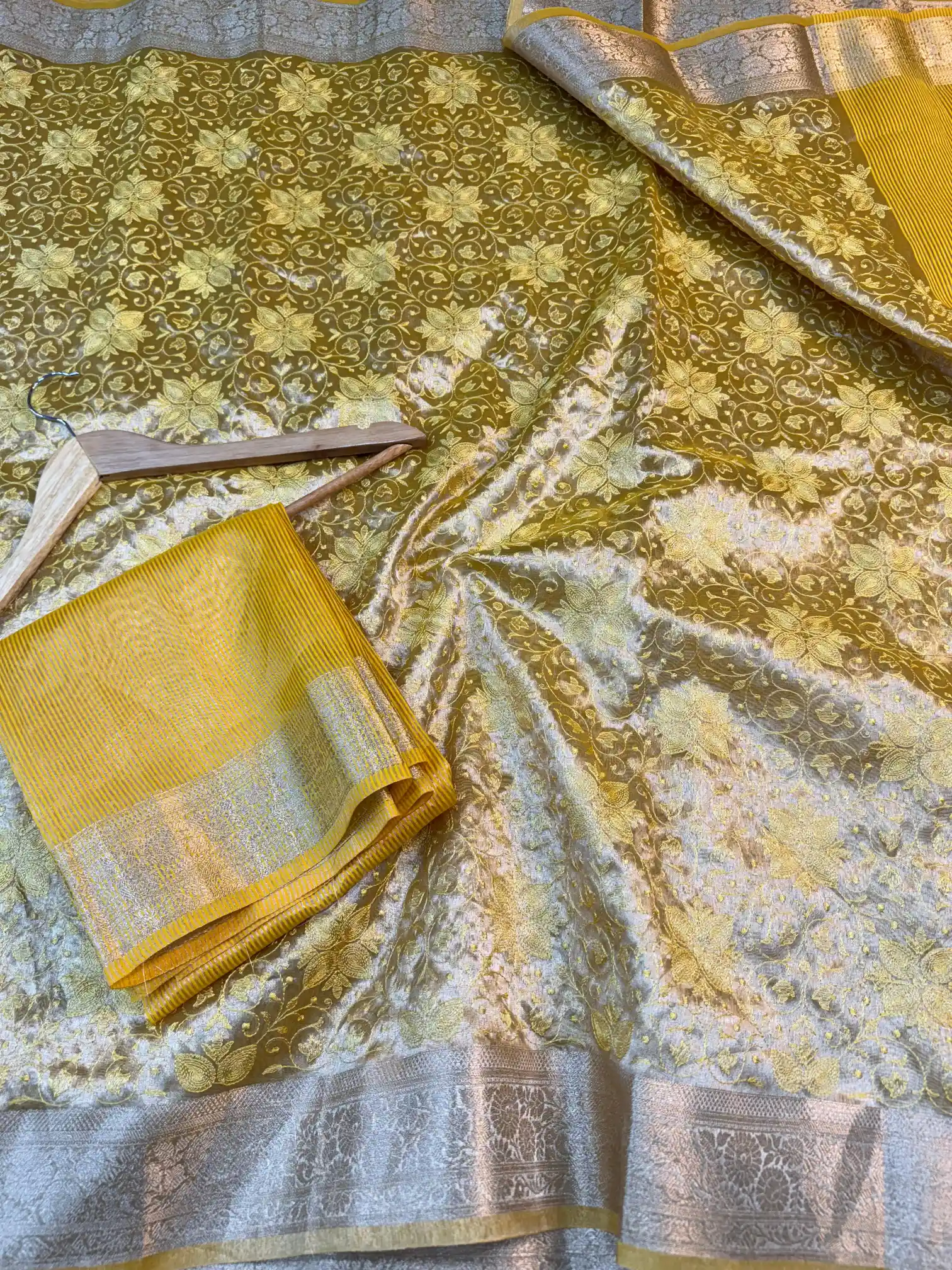 Metallic Yellow Banarasi Tissue Silk Chikankari Work Saree - Image 2