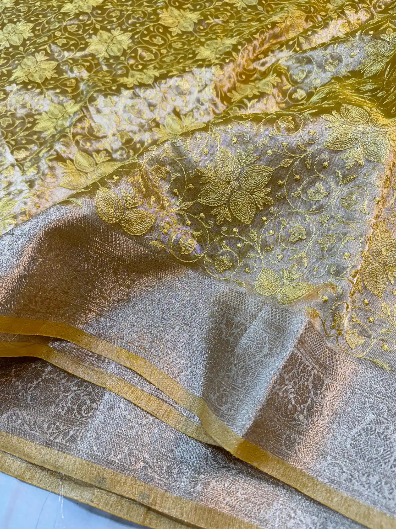 Metallic Yellow Banarasi Tissue Silk Chikankari Work Saree - Image 3
