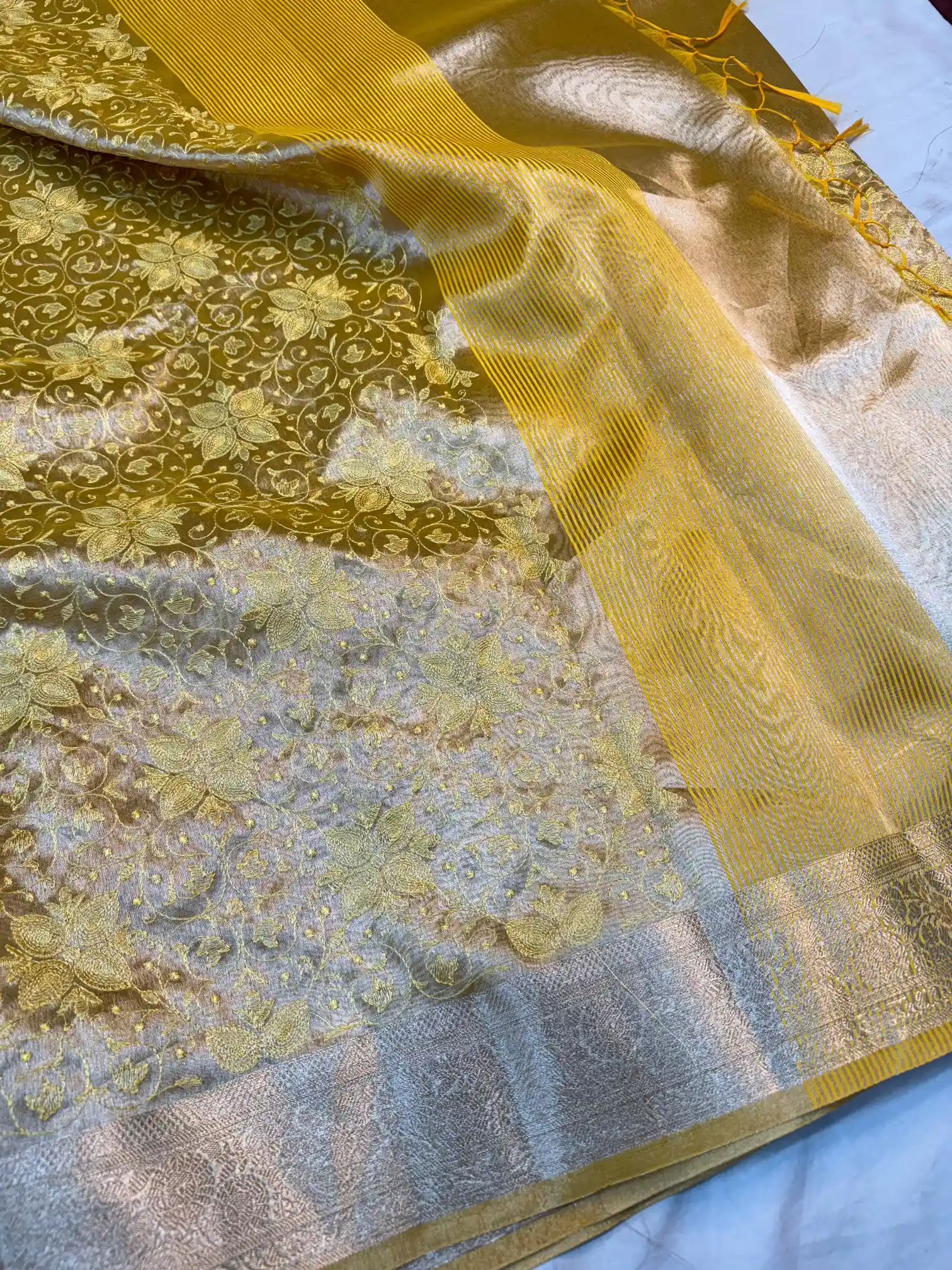 Metallic Yellow Banarasi Tissue Silk Chikankari Work Saree - Image 4
