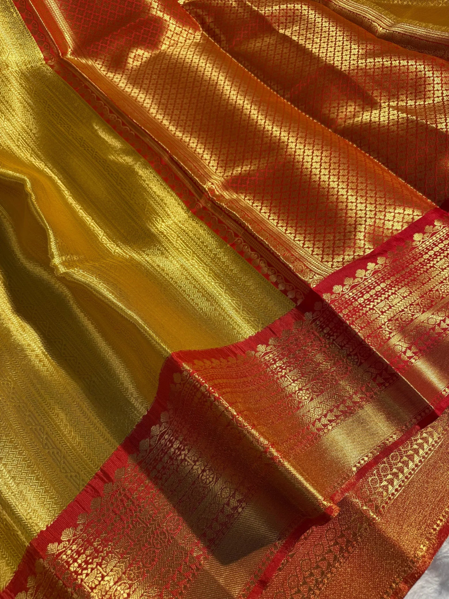 Metallic Yellow Bridal Kanjivaram tissue silk saree - Image 2