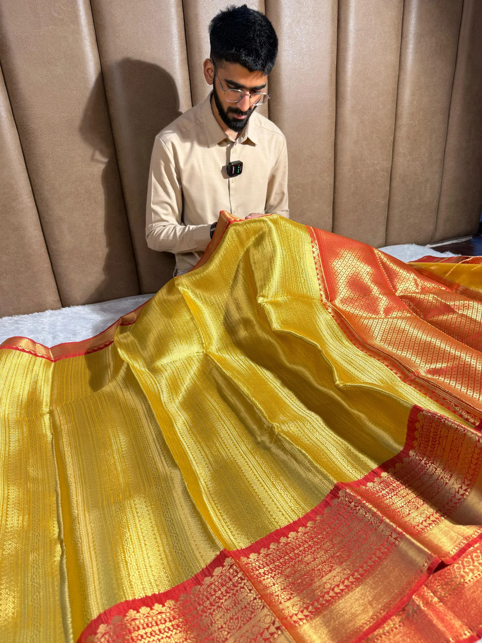 Metallic Yellow Bridal Kanjivaram tissue silk saree - Image 3