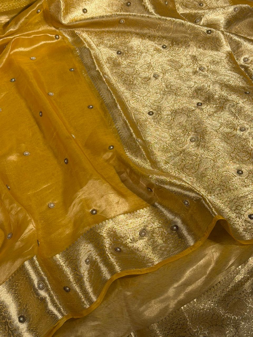 Metallic Yellow Pure Tissue Moti Handwork Saree - Image 2