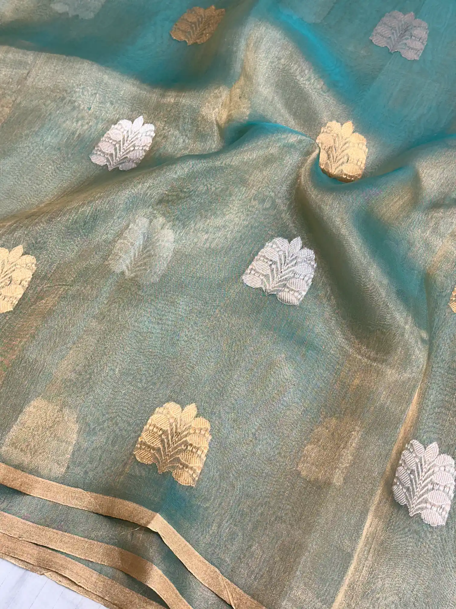 Mint Blue Handwoven Pure Tissue Silk Saree - Image 2