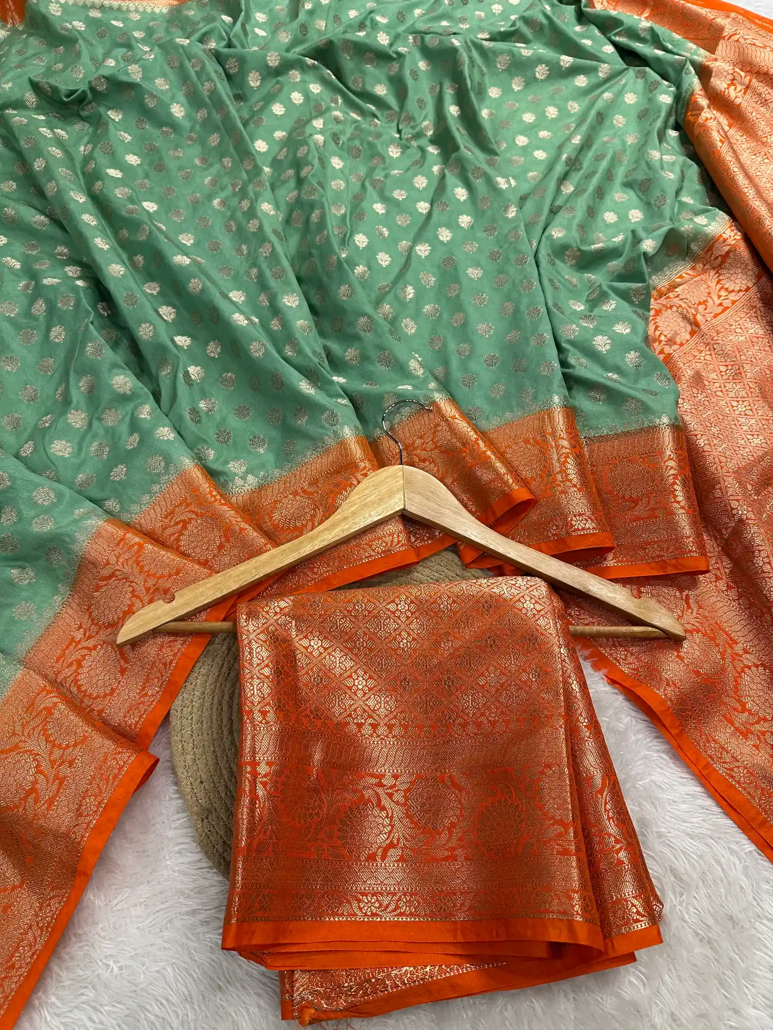 Mint Green Khaddi Buti Chinia Silk Banarasi Saree - Image 2